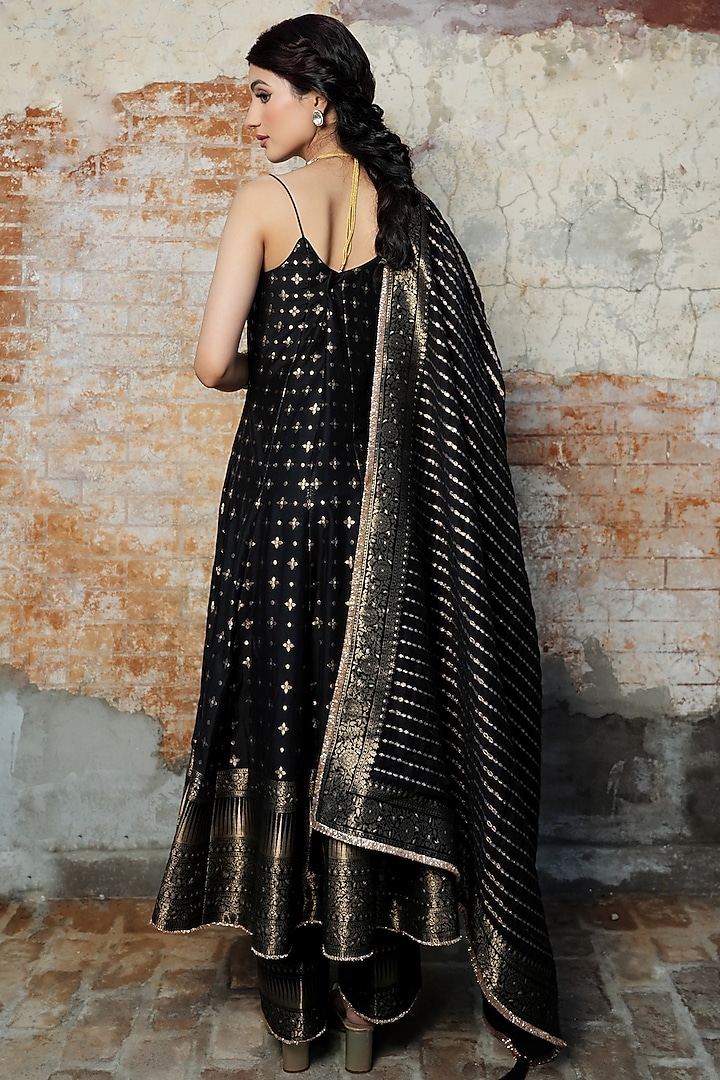 Black Vegan Silk Self-Woven Spaghetti Wedding Anarkali Set by Safaa at Pernia's Pop Up Shop