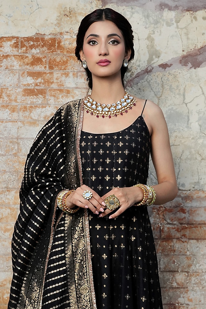 Black Vegan Silk Self-Woven Spaghetti Wedding Anarkali Set by Safaa at Pernia's Pop Up Shop