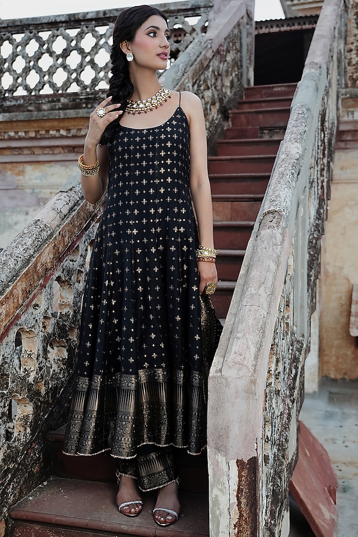 Black Vegan Silk Self-Woven Spaghetti Wedding Anarkali Set by Safaa at Pernia's Pop Up Shop