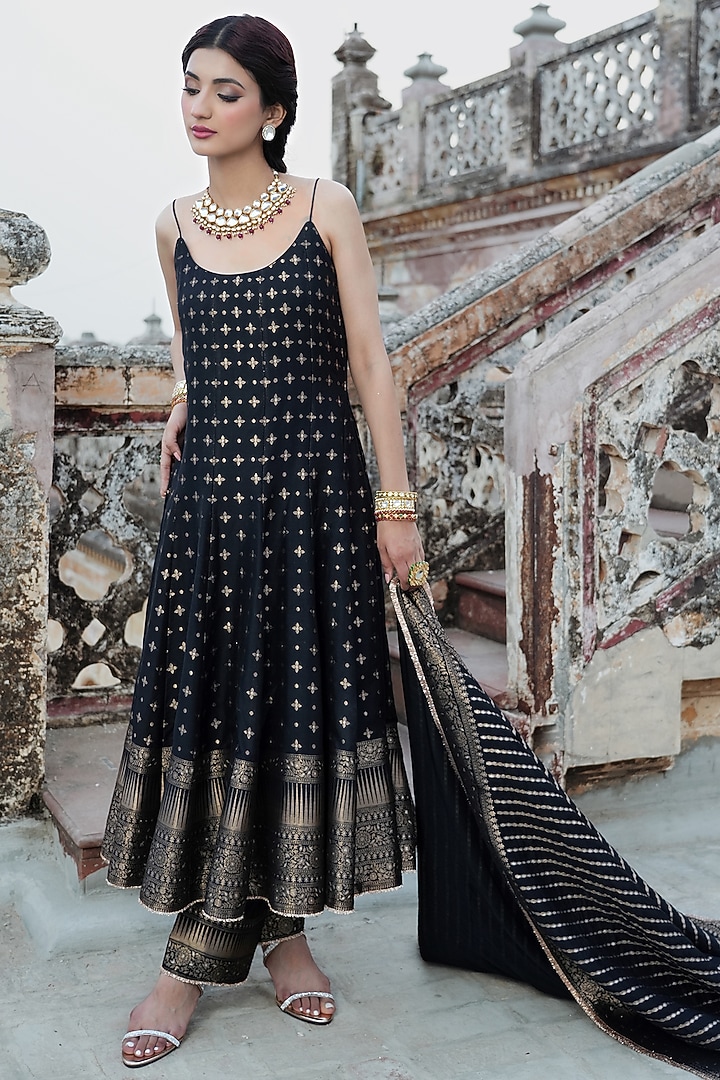 Black Vegan Silk Self-Woven Spaghetti Wedding Anarkali Set by Safaa at Pernia's Pop Up Shop