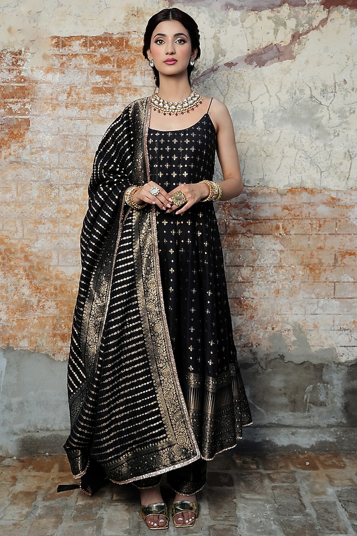 Black Vegan Silk Self-Woven Spaghetti Wedding Anarkali Set by Safaa at Pernia's Pop Up Shop