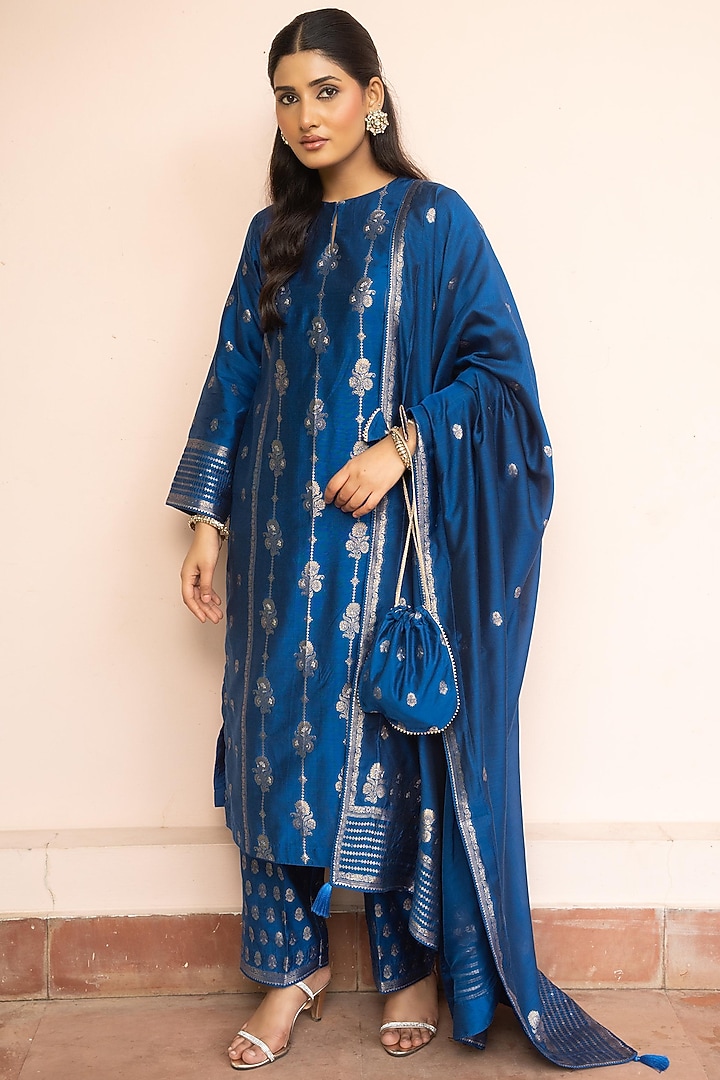 Royal Blue Vegan Silk Floral Motif Kurta Set by Safaa at Pernia's Pop Up Shop