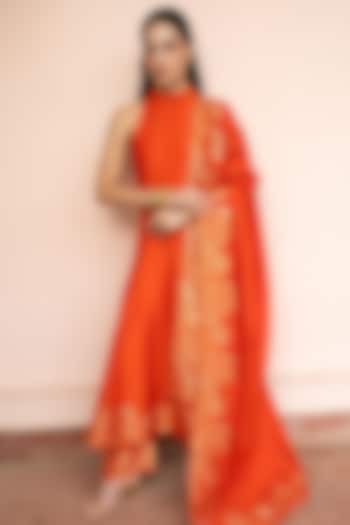 Orange Vegan Silk Wedding Anarkali Set by Safaa at Pernia's Pop Up Shop