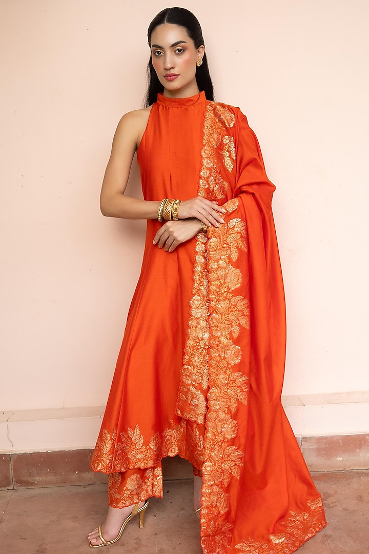 Orange Vegan Silk Wedding Anarkali Set by Safaa at Pernia's Pop Up Shop
