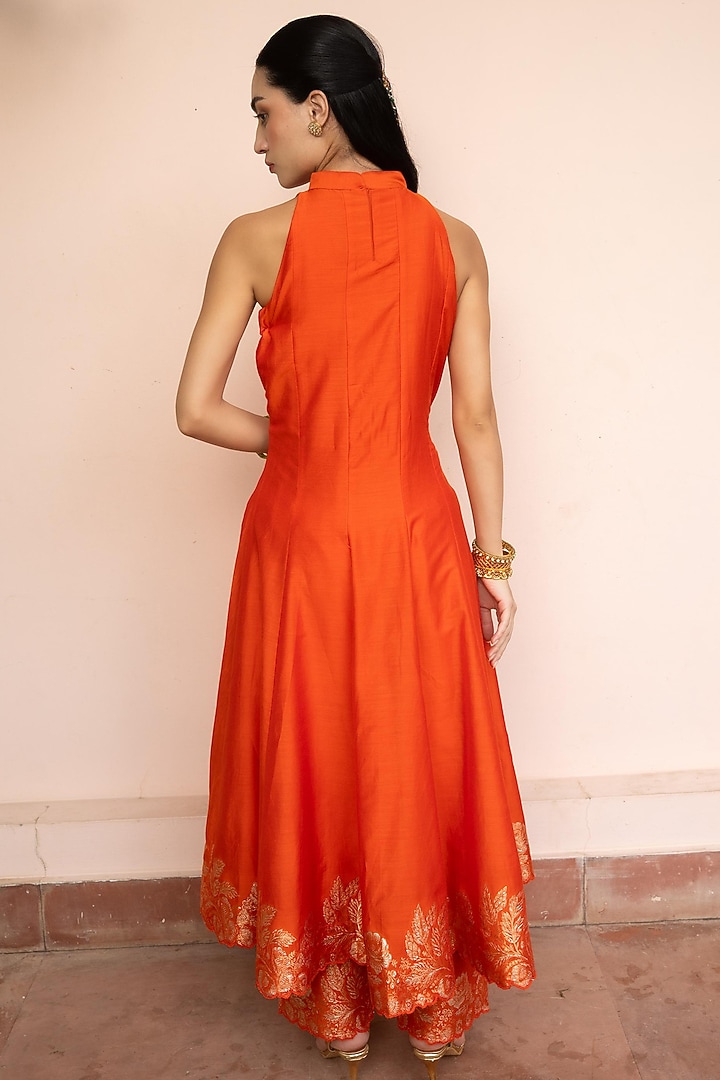 Orange Vegan Silk Wedding Anarkali Set by Safaa at Pernia's Pop Up Shop