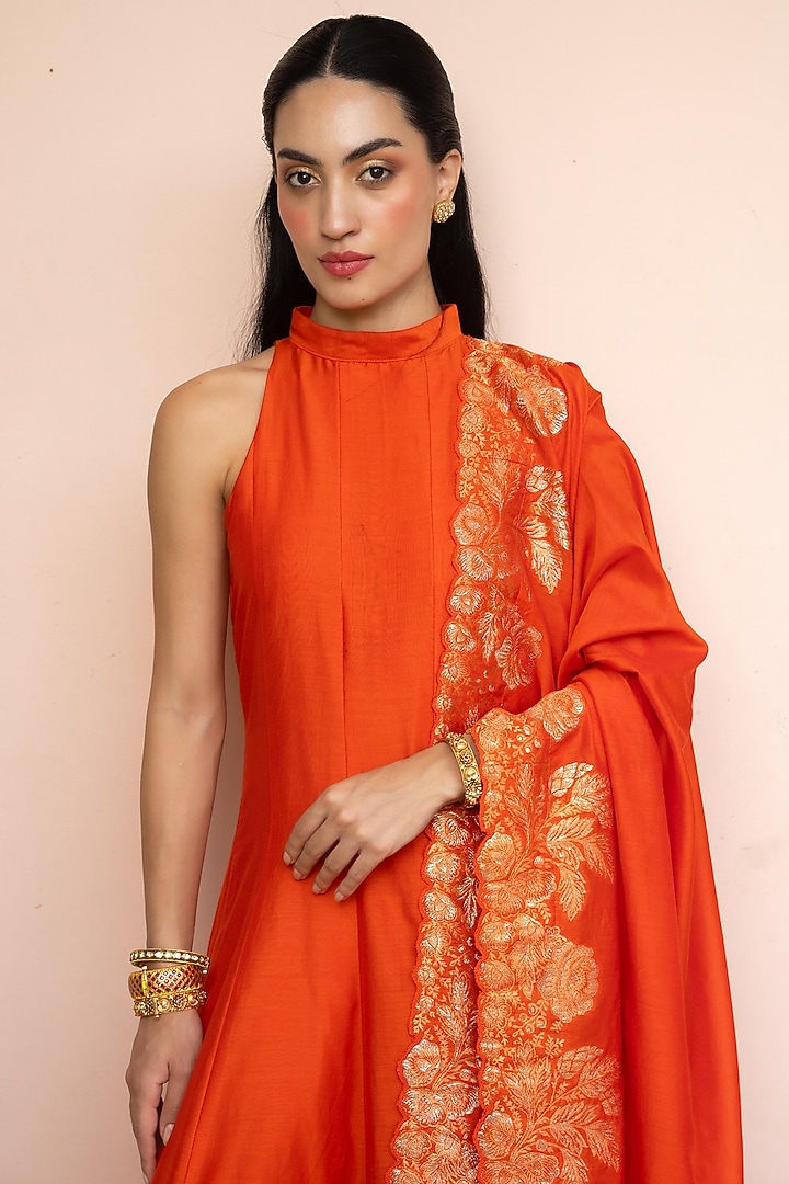 Orange Vegan Silk Wedding Anarkali Set by Safaa at Pernia's Pop Up Shop
