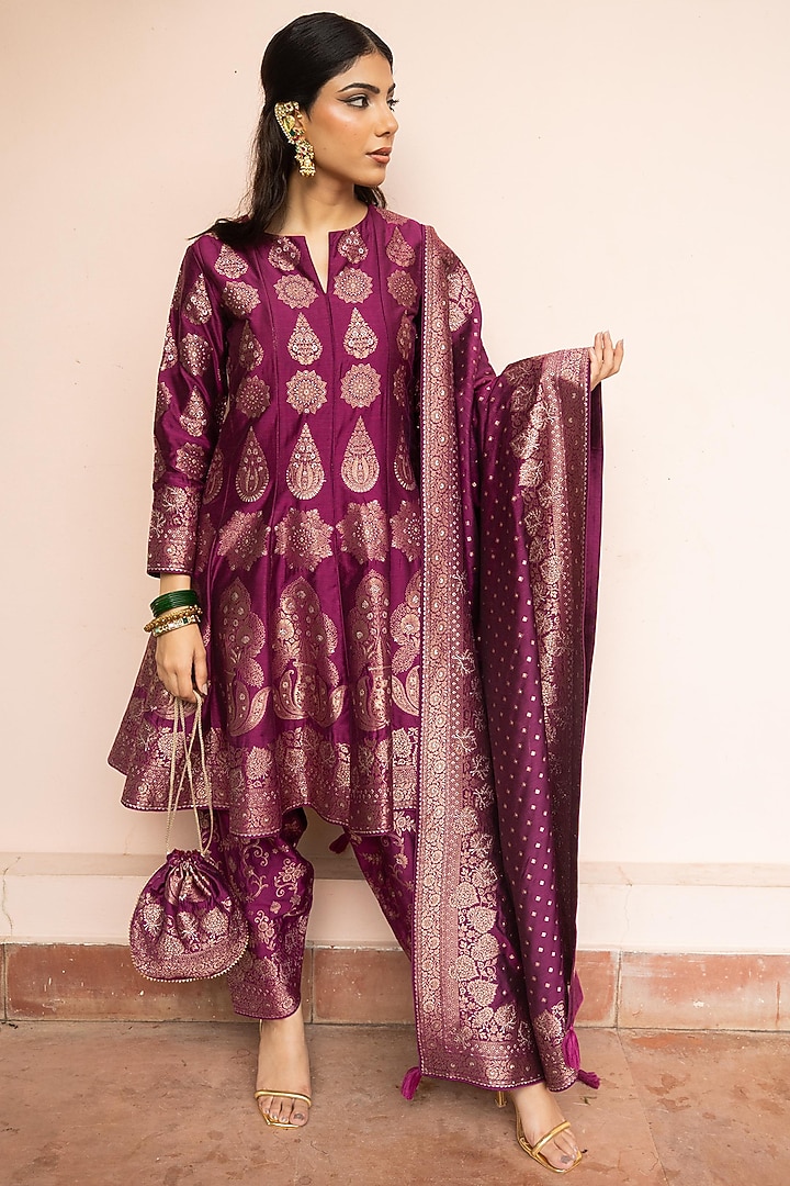 Berry & Dark Magenta Vegan Silk Wedding Anarkali Set by Safaa at Pernia's Pop Up Shop