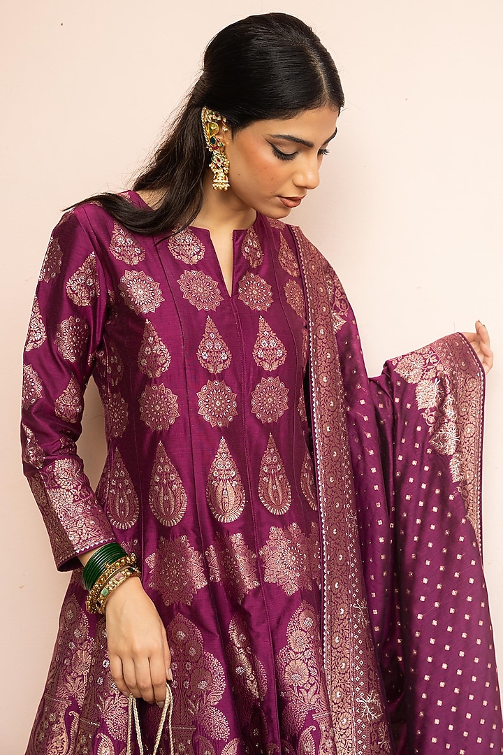 Berry & Dark Magenta Vegan Silk Wedding Anarkali Set by Safaa at Pernia's Pop Up Shop