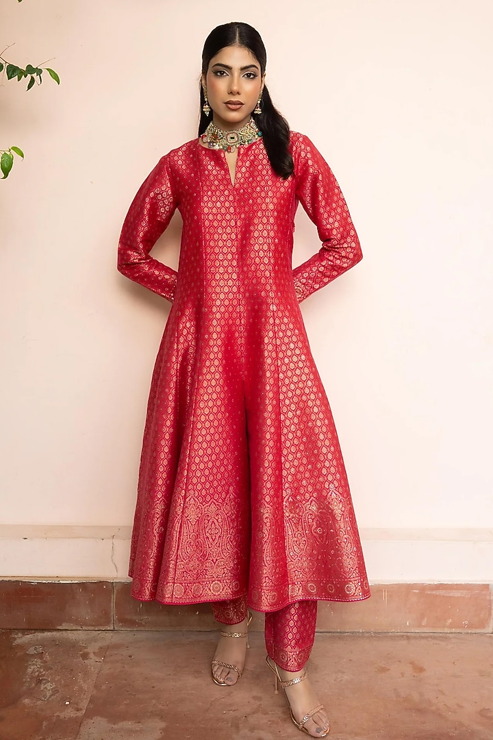 Fuchsia Pink Premium Vegan Silk Gota Zari Work Banarasi Wedding Anarkali Set by Safaa at Pernia's Pop Up Shop