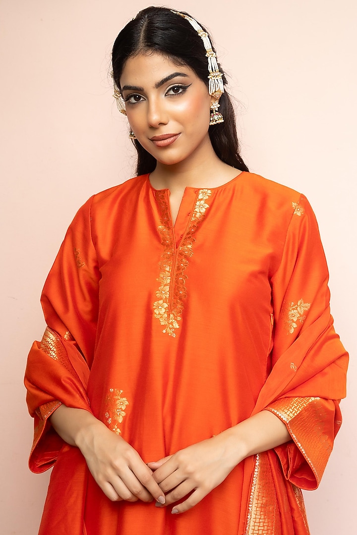 Orange Vegan Silk Kurta Set by Safaa at Pernia's Pop Up Shop