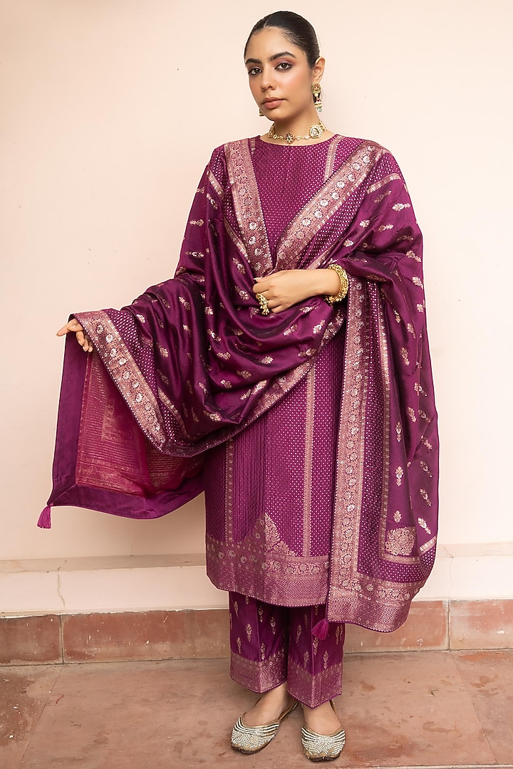 Berry & Dark Magenta Vegan Silk Zari Gota Kurta Set by Safaa at Pernia's Pop Up Shop
