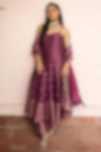 Dark Magenta Vegan Silk Zari Gota Work Wedding Anarkali Set by Safaa at Pernia's Pop Up Shop