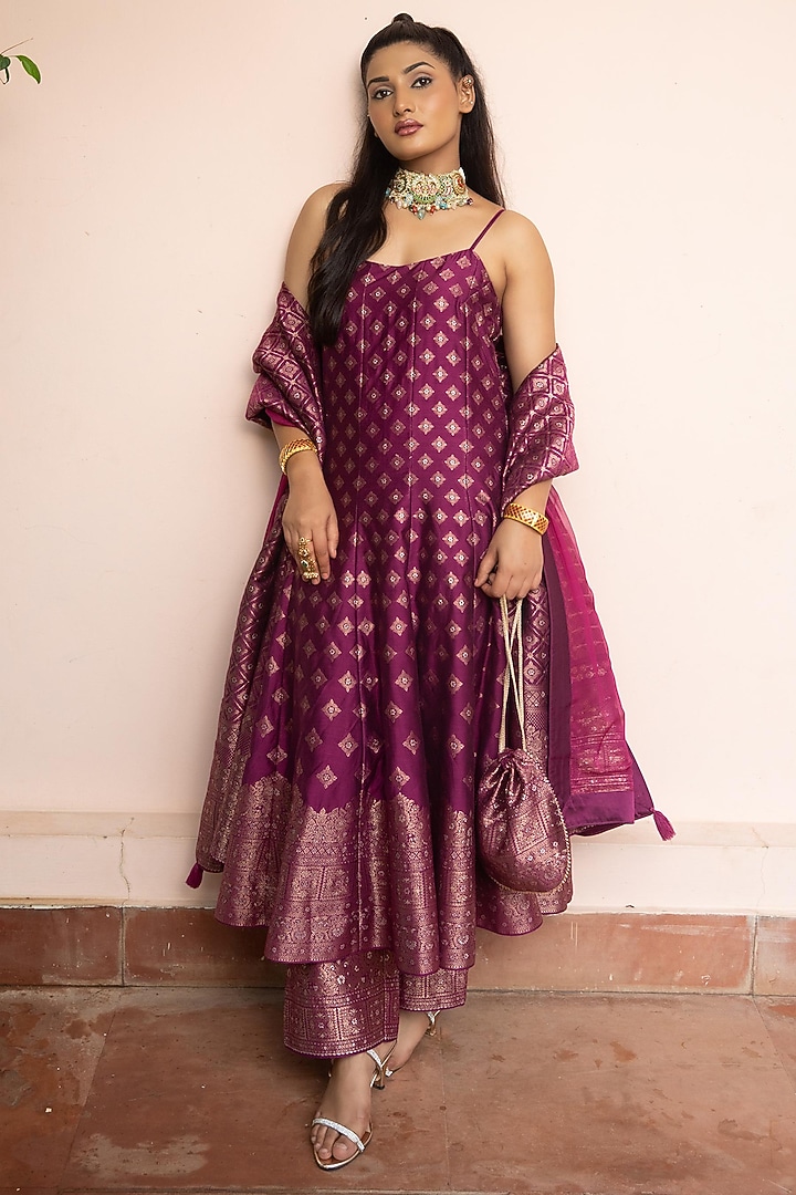Dark Magenta Vegan Silk Zari Gota Work Wedding Anarkali Set by Safaa at Pernia's Pop Up Shop