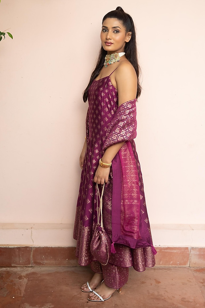Dark Magenta Vegan Silk Zari Gota Work Wedding Anarkali Set by Safaa at Pernia's Pop Up Shop