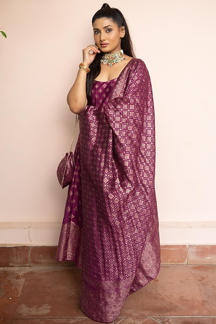 Dark Magenta Vegan Silk Zari Gota Work Wedding Anarkali Set by Safaa at Pernia's Pop Up Shop