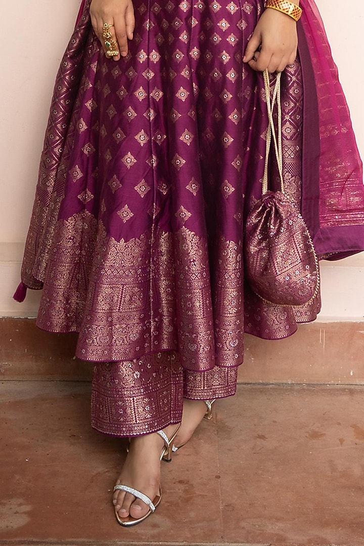 Dark Magenta Vegan Silk Zari Gota Work Wedding Anarkali Set by Safaa at Pernia's Pop Up Shop