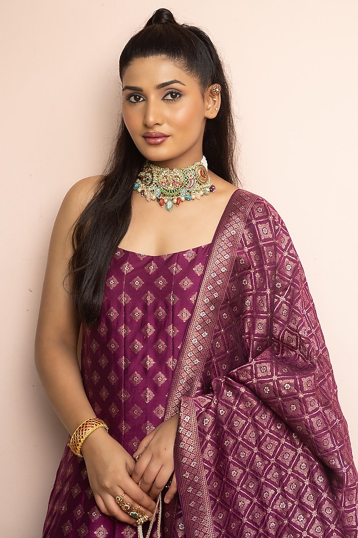 Dark Magenta Vegan Silk Zari Gota Work Wedding Anarkali Set by Safaa at Pernia's Pop Up Shop