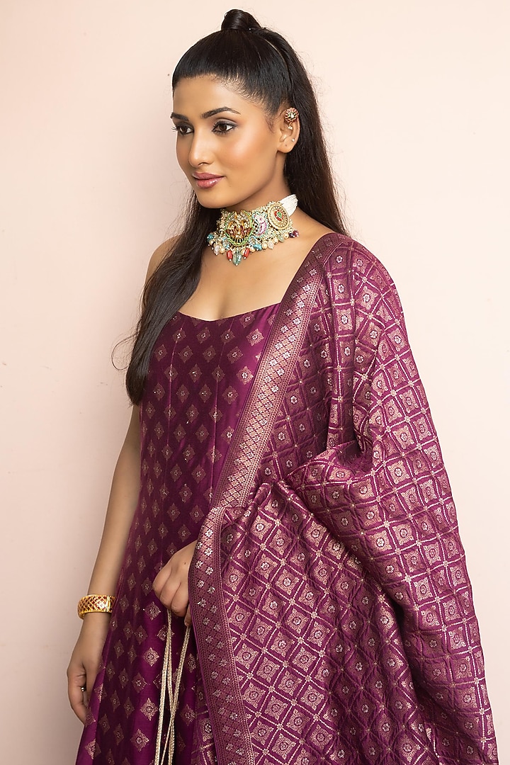 Dark Magenta Vegan Silk Zari Gota Work Wedding Anarkali Set by Safaa at Pernia's Pop Up Shop