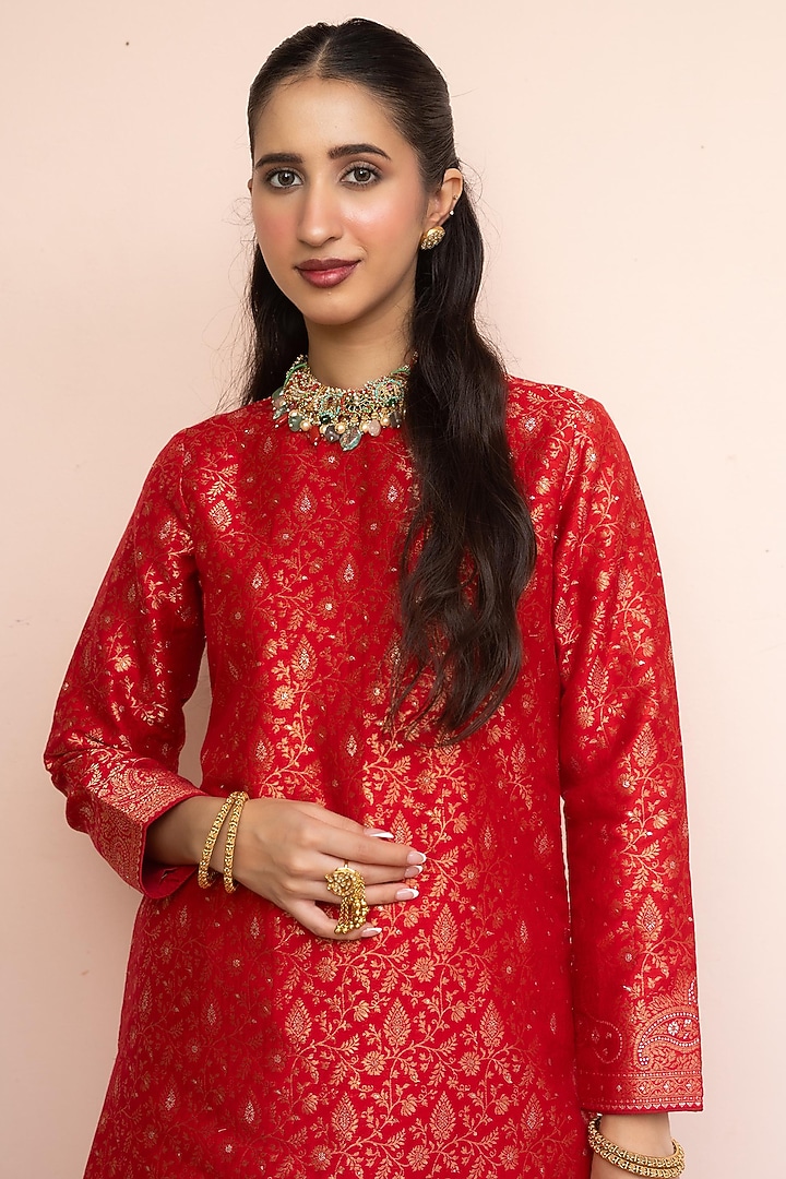 Red Vegan Silk Zari Gota Kurta Set by Safaa at Pernia's Pop Up Shop
