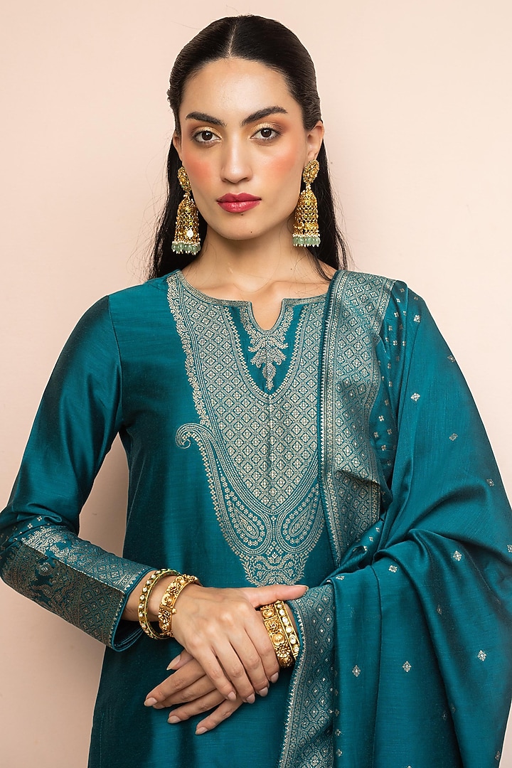 Teal Vegan Silk Kurta Set by Safaa at Pernia's Pop Up Shop
