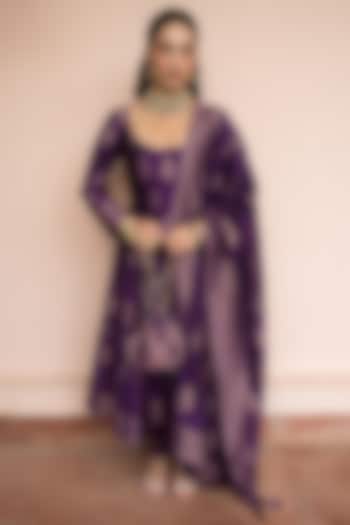 Purple Vegan Silk Motif Wedding Anarkali Set by Safaa at Pernia's Pop Up Shop
