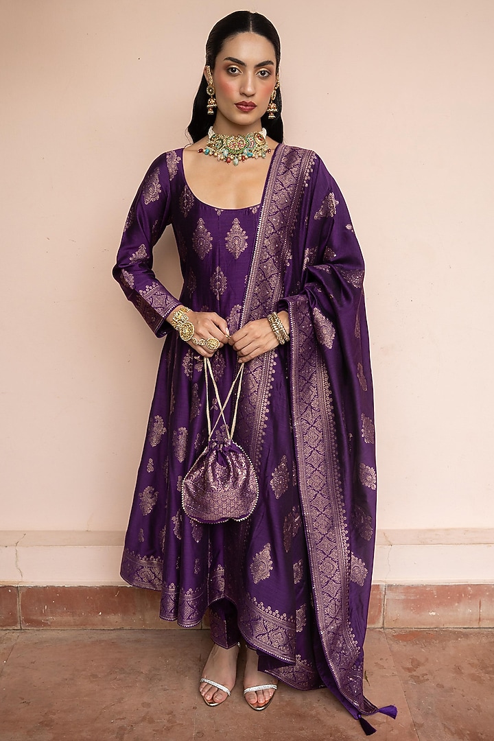 Purple Vegan Silk Motif Wedding Anarkali Set by Safaa at Pernia's Pop Up Shop