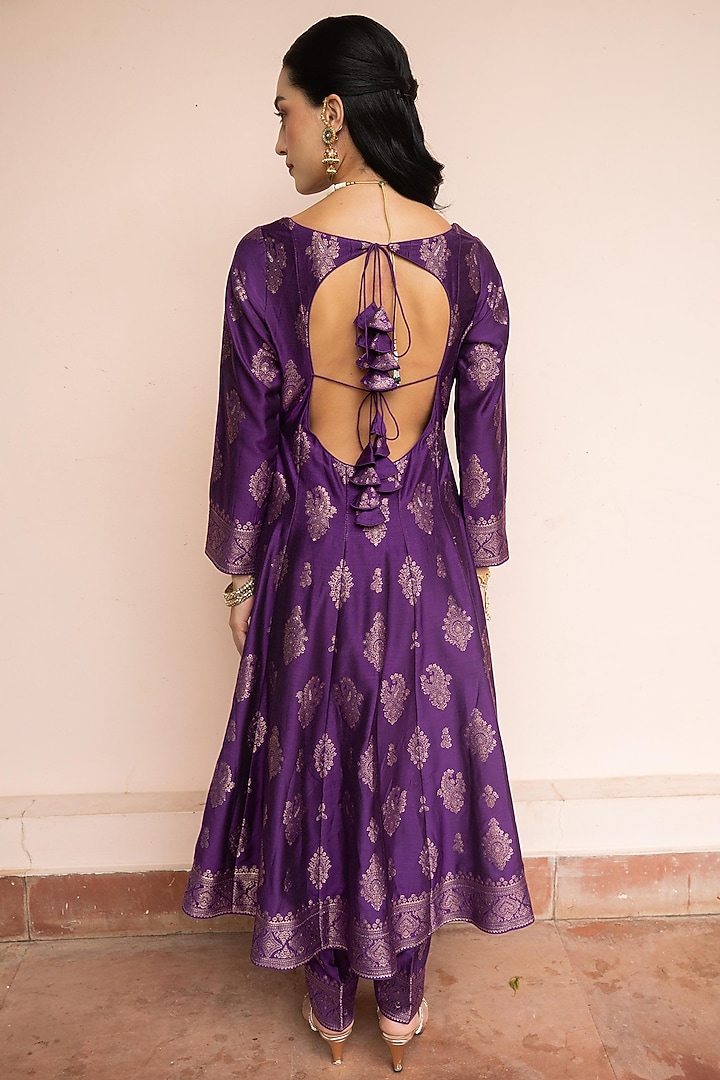 Purple Vegan Silk Motif Wedding Anarkali Set by Safaa at Pernia's Pop Up Shop