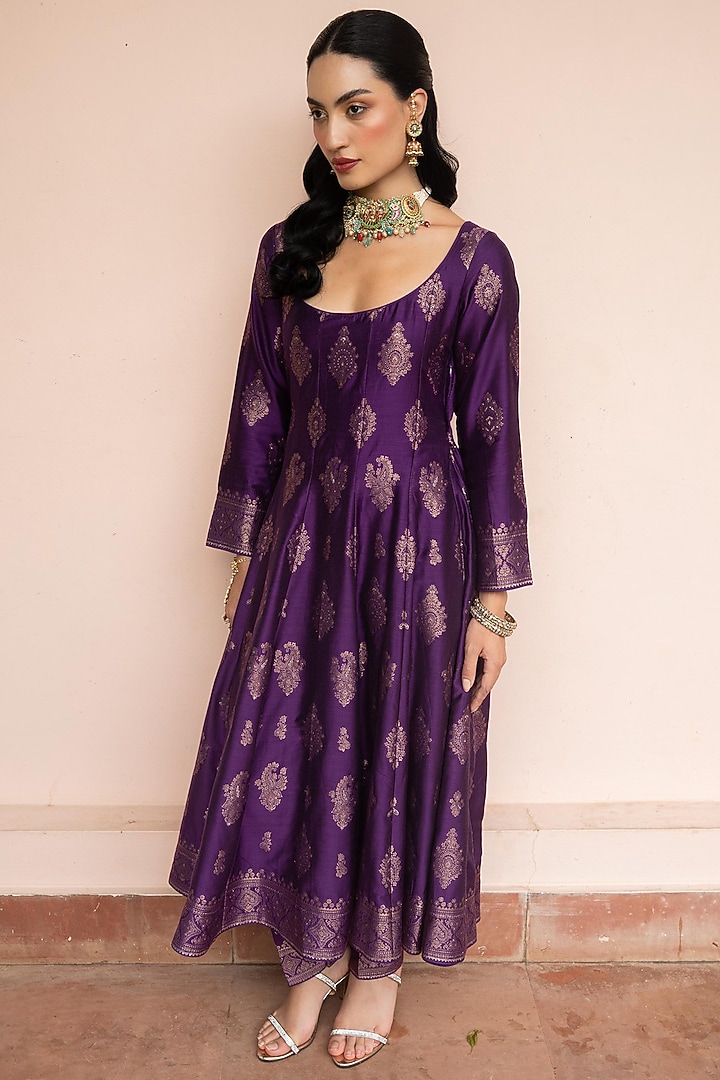 Purple Vegan Silk Motif Wedding Anarkali Set by Safaa at Pernia's Pop Up Shop