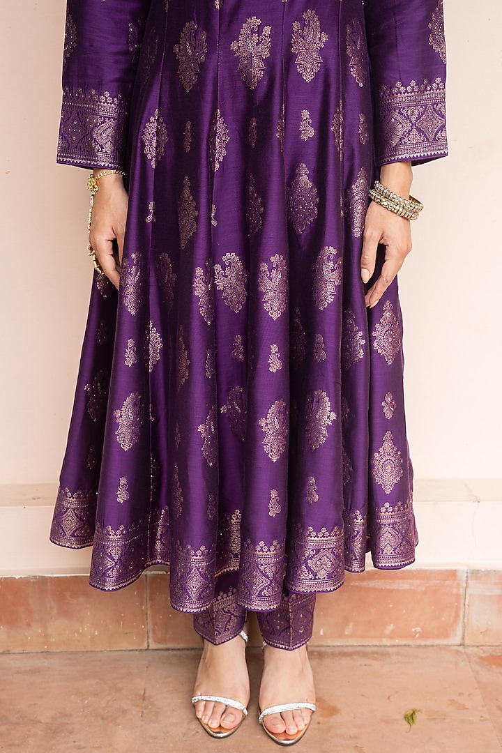Purple Vegan Silk Motif Wedding Anarkali Set by Safaa at Pernia's Pop Up Shop