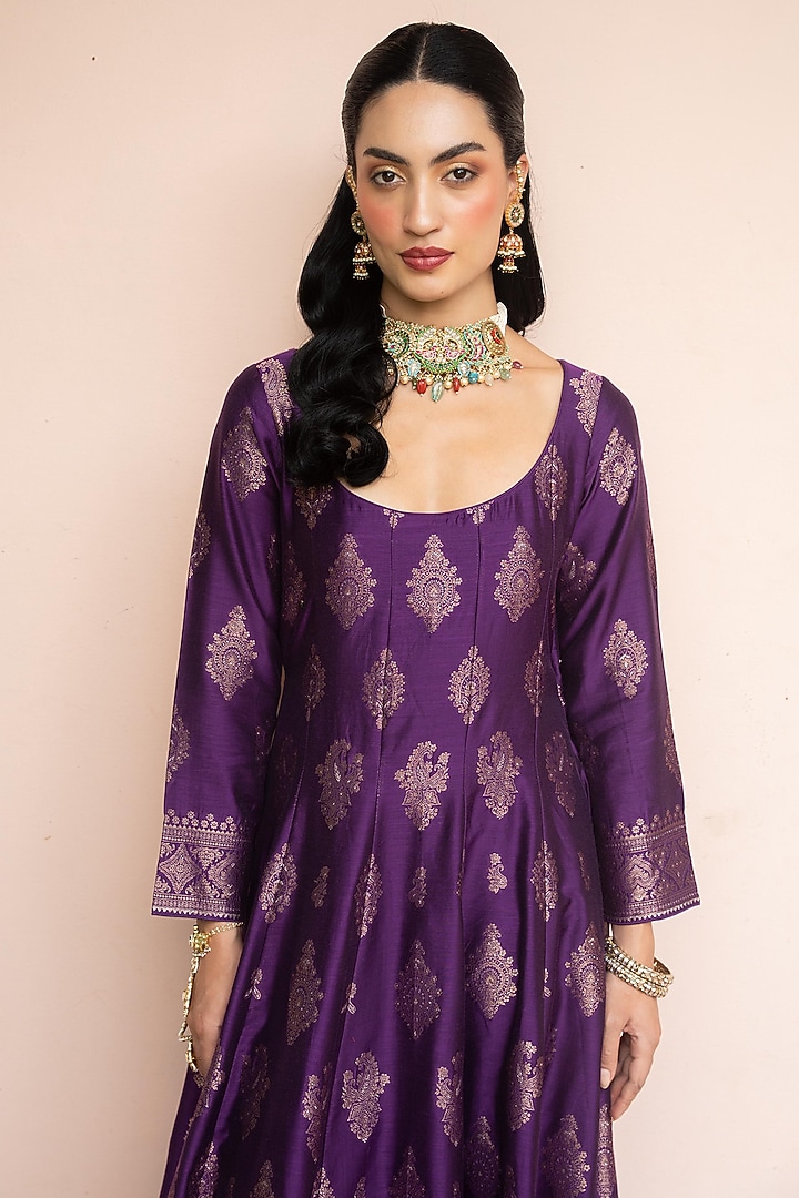 Purple Vegan Silk Motif Wedding Anarkali Set by Safaa at Pernia's Pop Up Shop