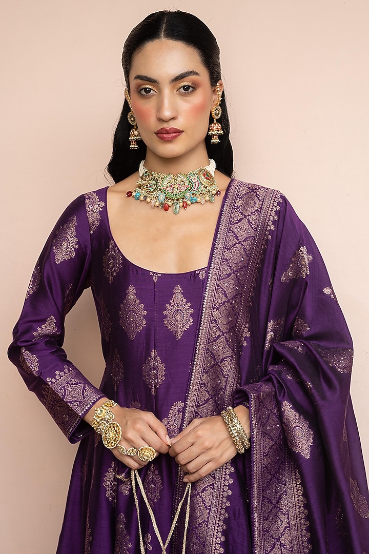 Purple Vegan Silk Motif Wedding Anarkali Set by Safaa at Pernia's Pop Up Shop