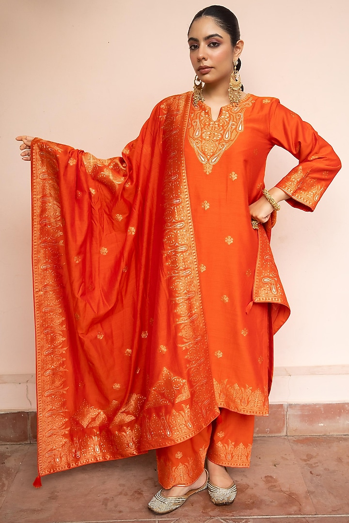 Orange Vegan Silk Kurta Set by Safaa at Pernia's Pop Up Shop
