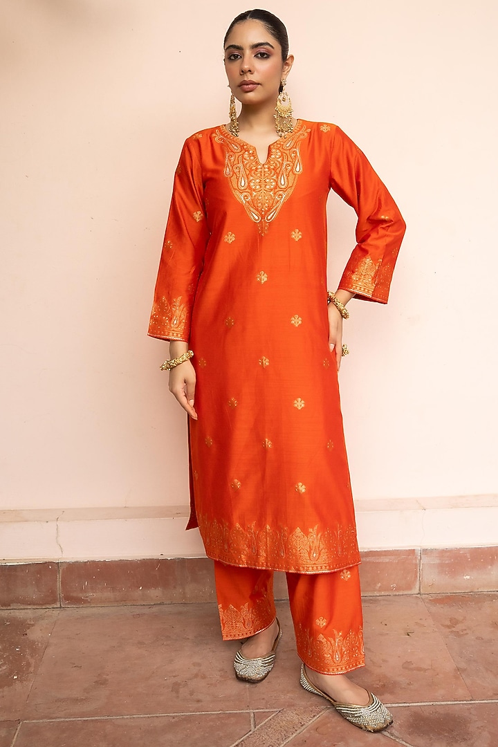 Orange Vegan Silk Kurta Set by Safaa at Pernia's Pop Up Shop