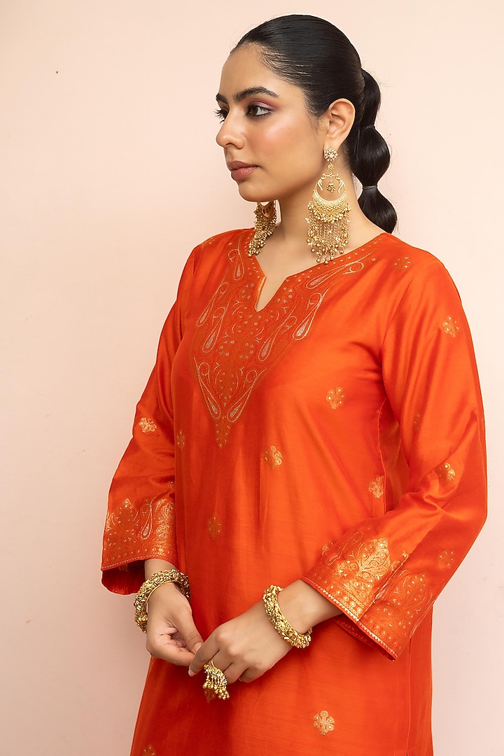 Orange Vegan Silk Kurta Set by Safaa at Pernia's Pop Up Shop