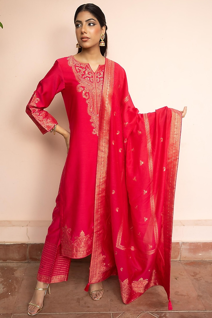 Fuchsia Pink Vegan Silk Zari Gota Work Kurta Set by Safaa at Pernia's Pop Up Shop