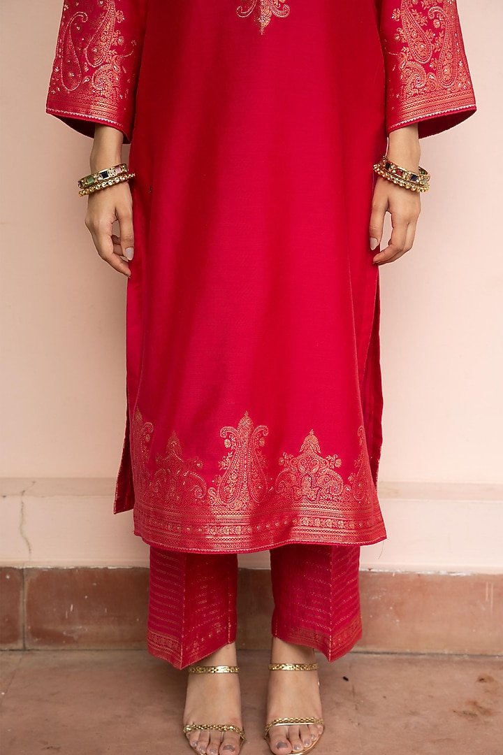 Fuchsia Pink Vegan Silk Zari Gota Work Kurta Set by Safaa at Pernia's Pop Up Shop