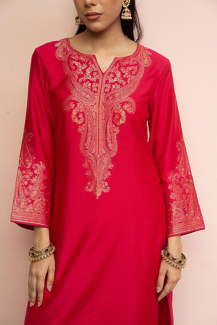 Fuchsia Pink Vegan Silk Zari Gota Work Kurta Set by Safaa at Pernia's Pop Up Shop