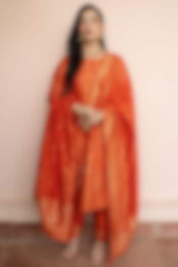 Orange Vegan Silk Wedding Anarkali Set by Safaa at Pernia's Pop Up Shop