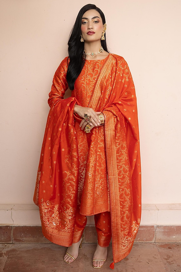 Orange Vegan Silk Wedding Anarkali Set by Safaa at Pernia's Pop Up Shop