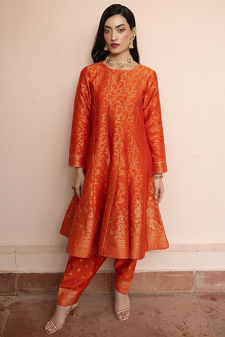 Orange Vegan Silk Wedding Anarkali Set by Safaa at Pernia's Pop Up Shop