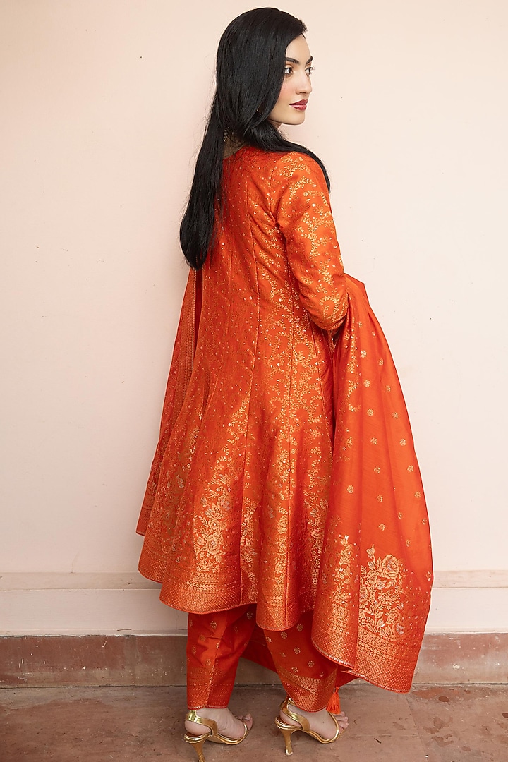 Orange Vegan Silk Wedding Anarkali Set by Safaa at Pernia's Pop Up Shop