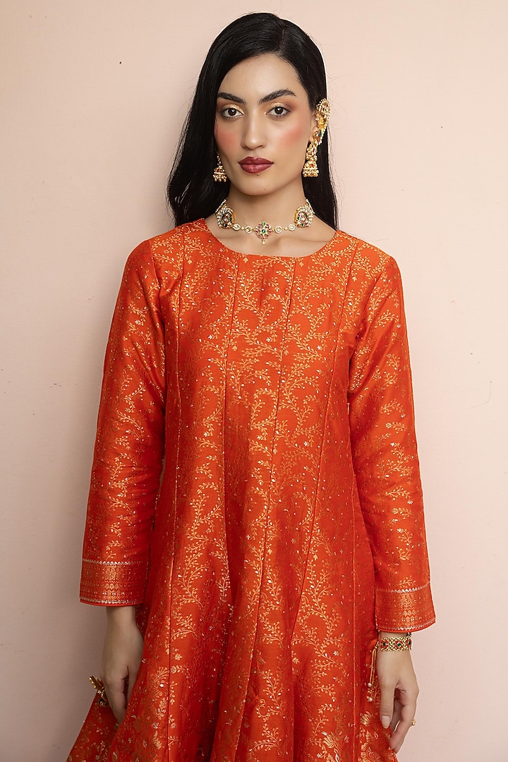 Orange Vegan Silk Wedding Anarkali Set by Safaa at Pernia's Pop Up Shop