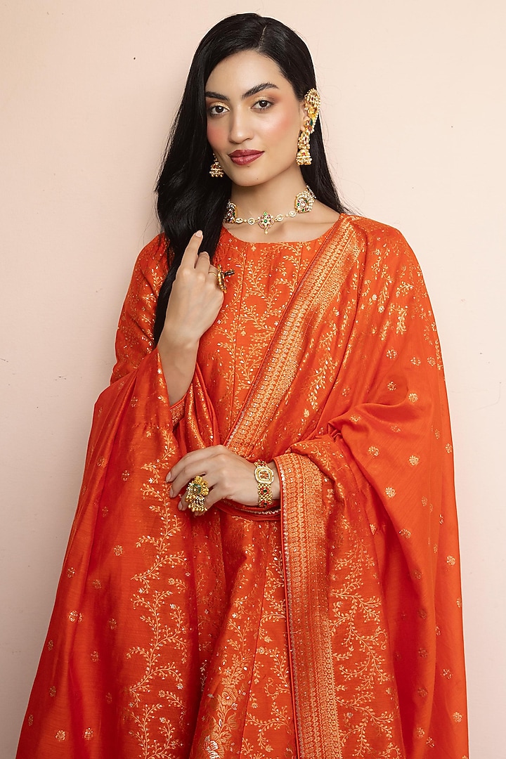 Orange Vegan Silk Wedding Anarkali Set by Safaa at Pernia's Pop Up Shop