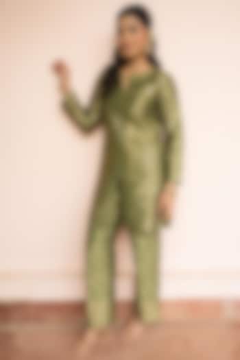 Green Vegan Silk Zari Gota Work Co-Ord Set by Safaa at Pernia's Pop Up Shop