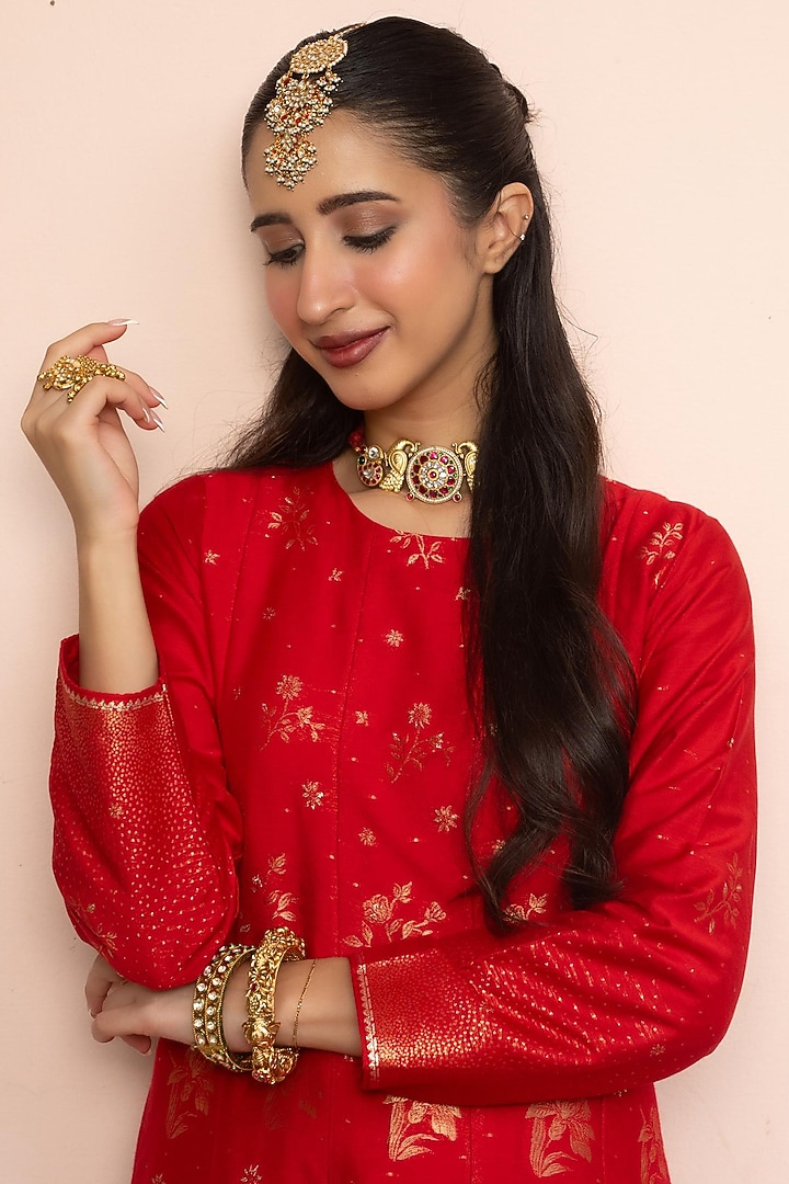 Red Vegan Silk Floral Pattern Wedding Anarkali Set by Safaa at Pernia's Pop Up Shop