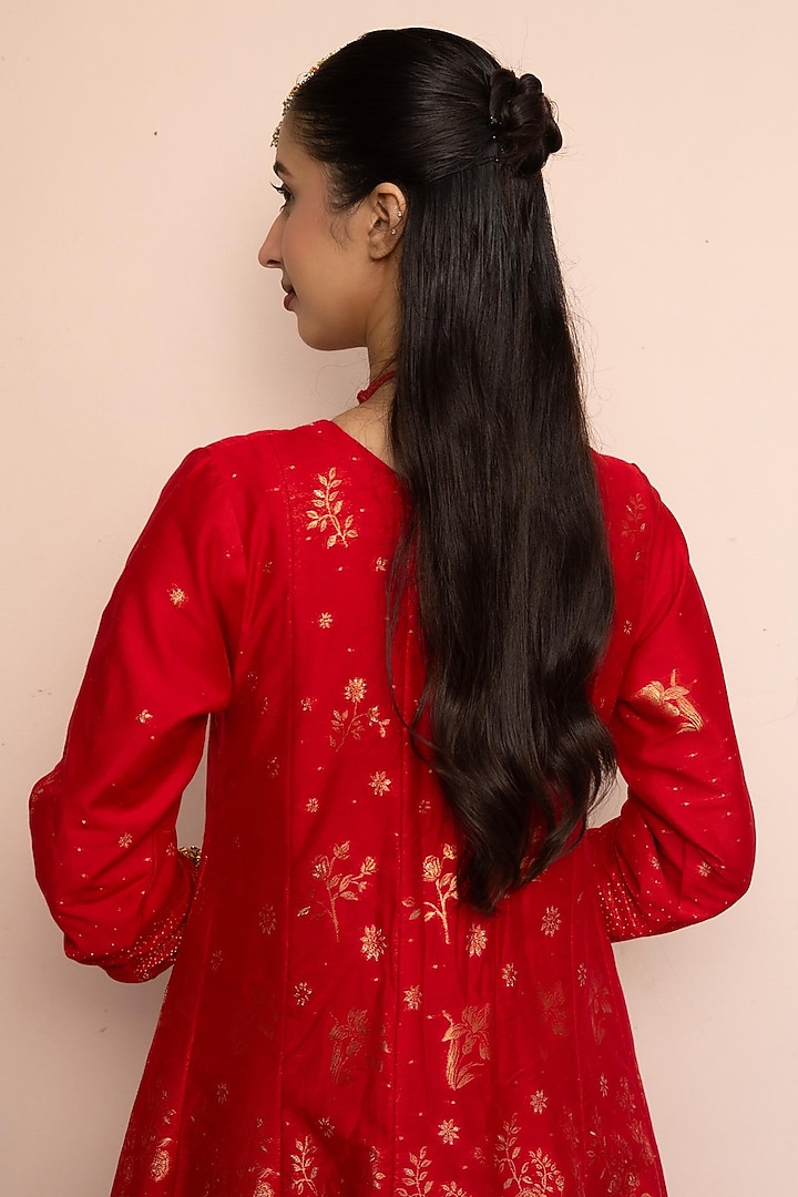 Red Vegan Silk Floral Pattern Wedding Anarkali Set by Safaa at Pernia's Pop Up Shop