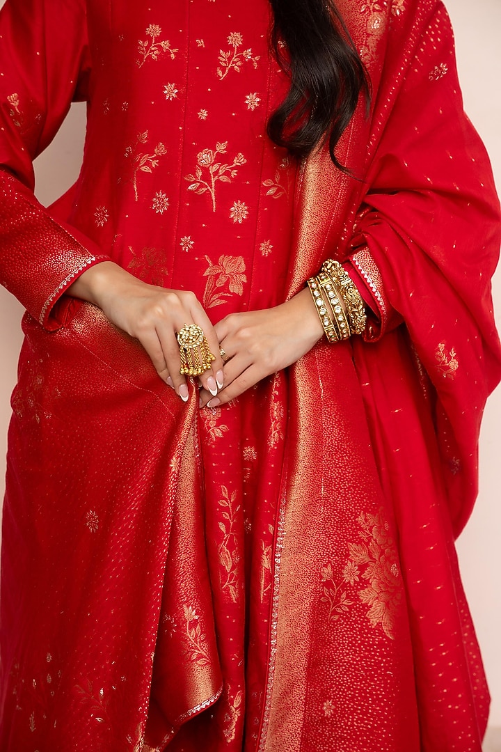 Red Vegan Silk Floral Pattern Wedding Anarkali Set by Safaa at Pernia's Pop Up Shop