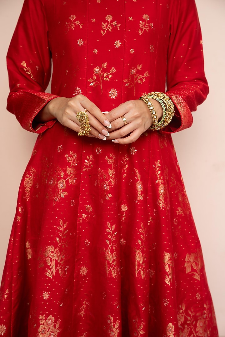 Red Vegan Silk Floral Pattern Wedding Anarkali Set by Safaa at Pernia's Pop Up Shop