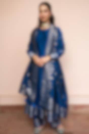 Royal Blue Vegan Silk Wedding Anarkali Set by Safaa at Pernia's Pop Up Shop