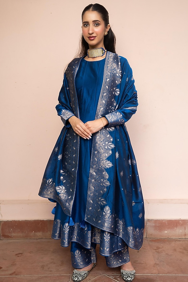 Royal Blue Vegan Silk Wedding Anarkali Set by Safaa at Pernia's Pop Up Shop